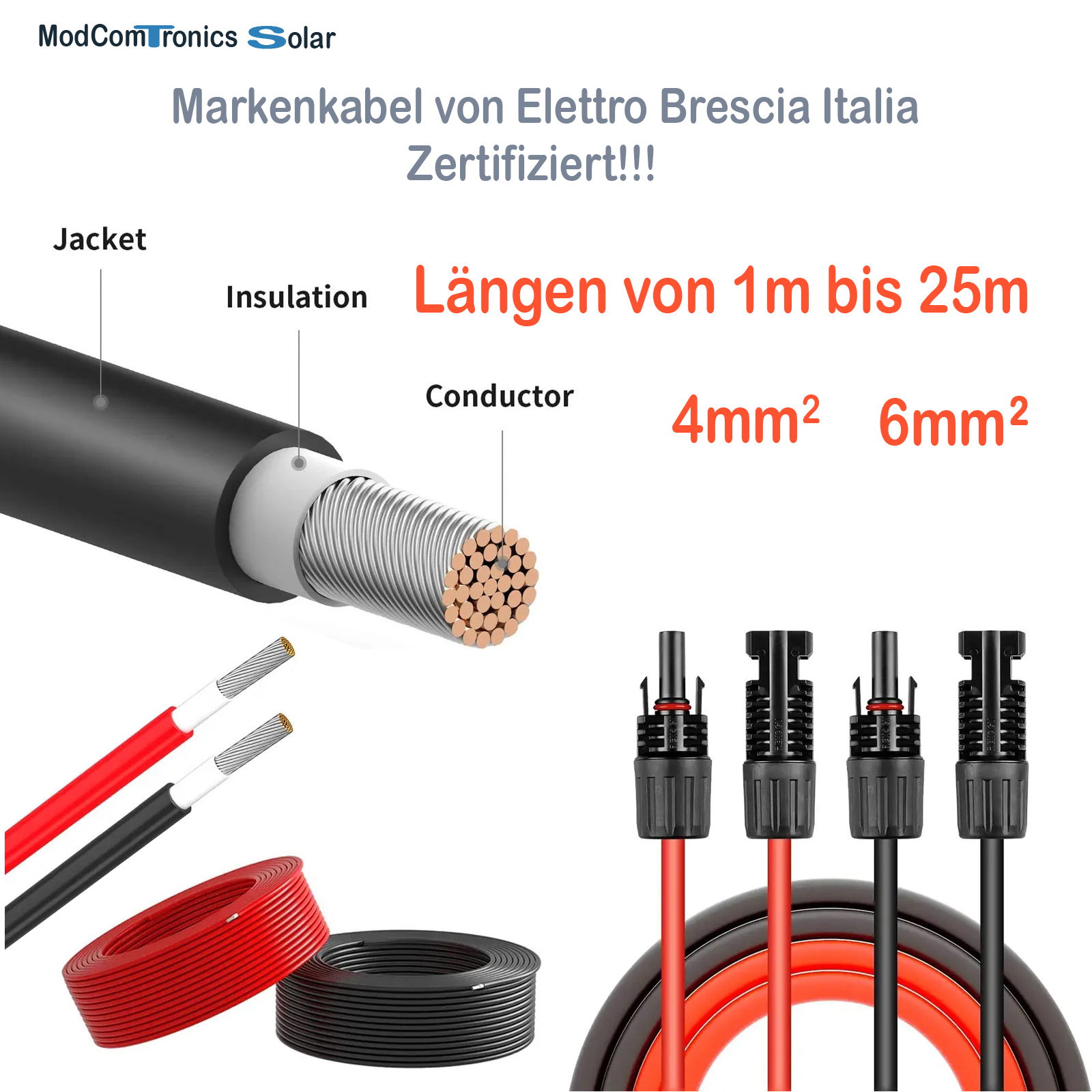 Photovoltaik Solarkabel 4mm2 mit MC4 Stecker (Paar 1x rot & 1x schwarz)